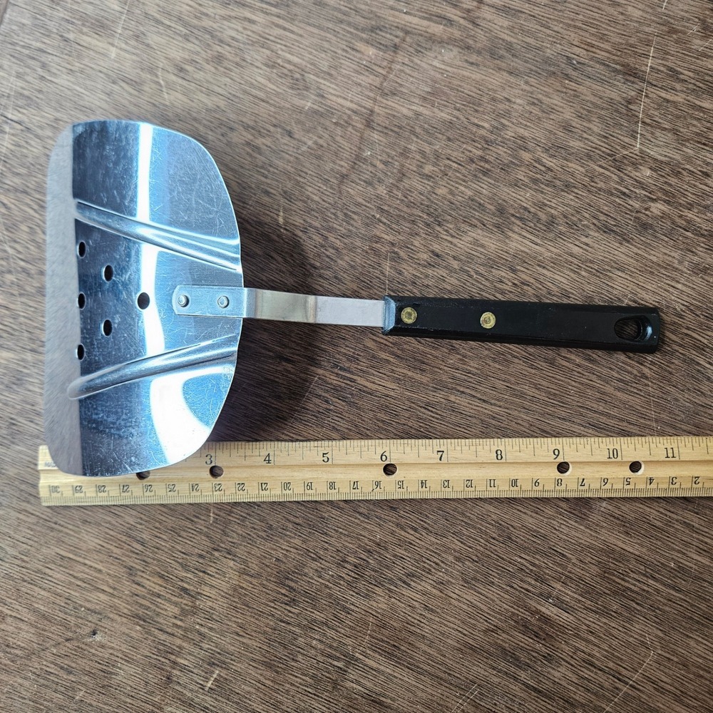 Vintage Stainless Steel Wide Slotted Spatula Turner Japan Offset Black Handle - Picture 2 of 4